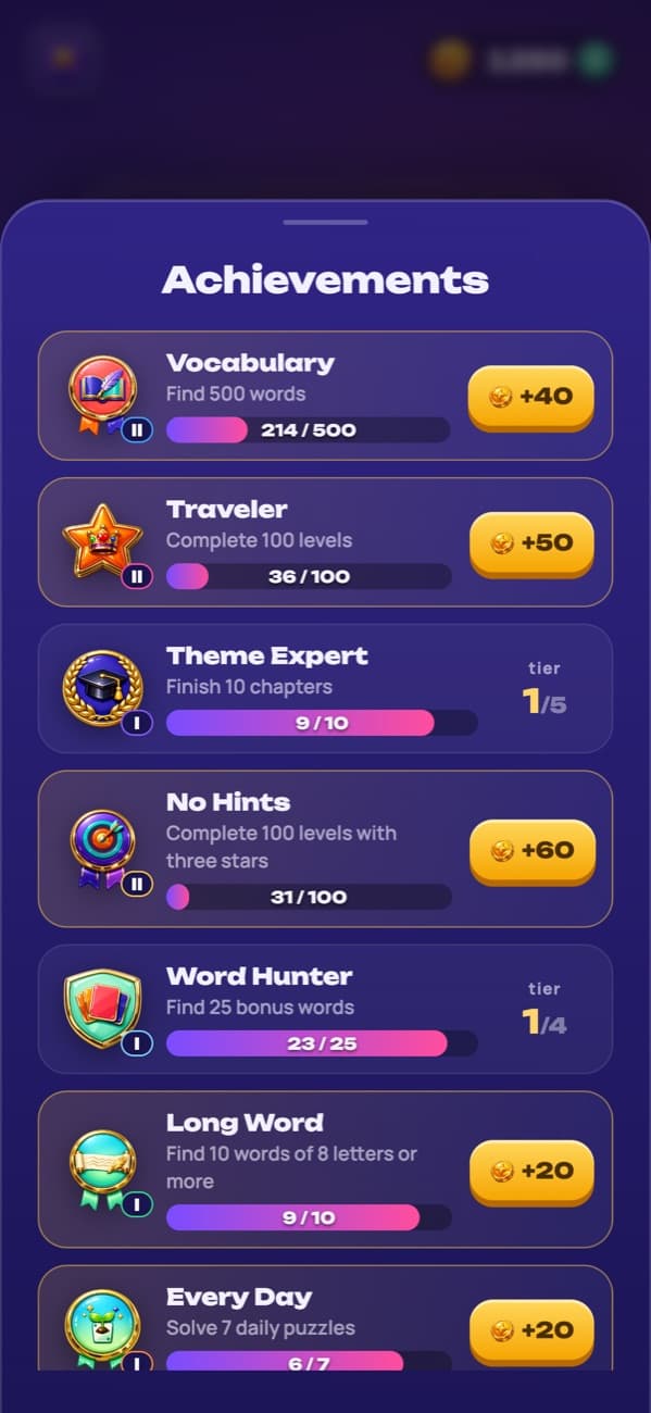 Filwords: achievements with tiers and rewards
