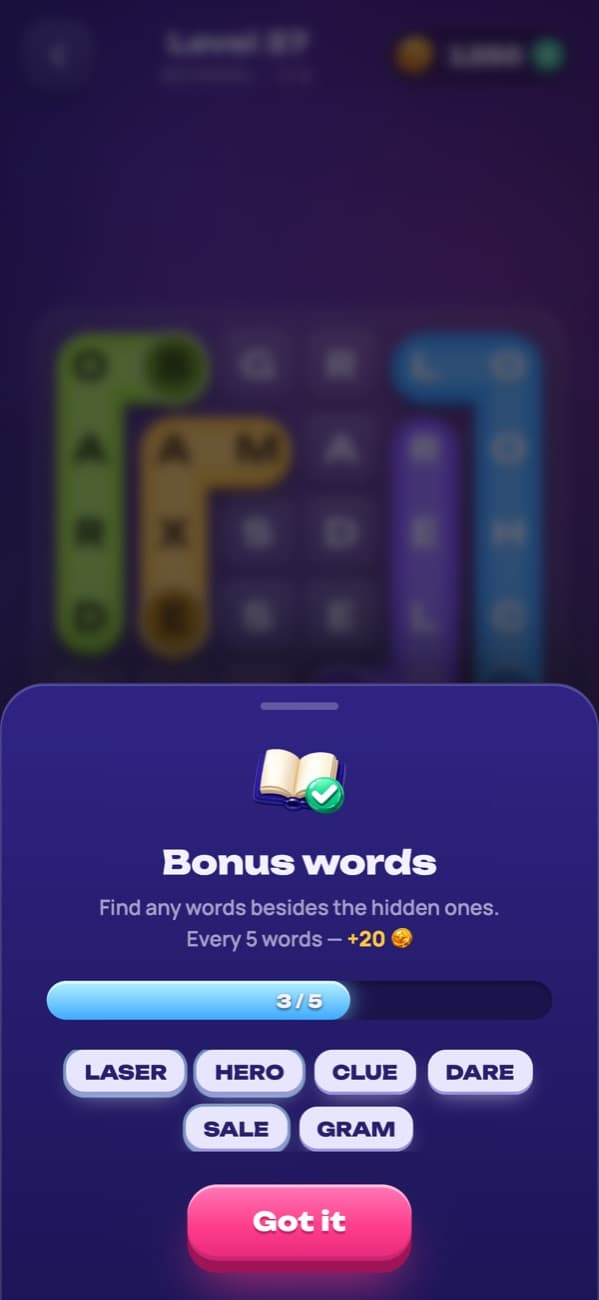 Filwords: a bonus word counted and paid out in coins