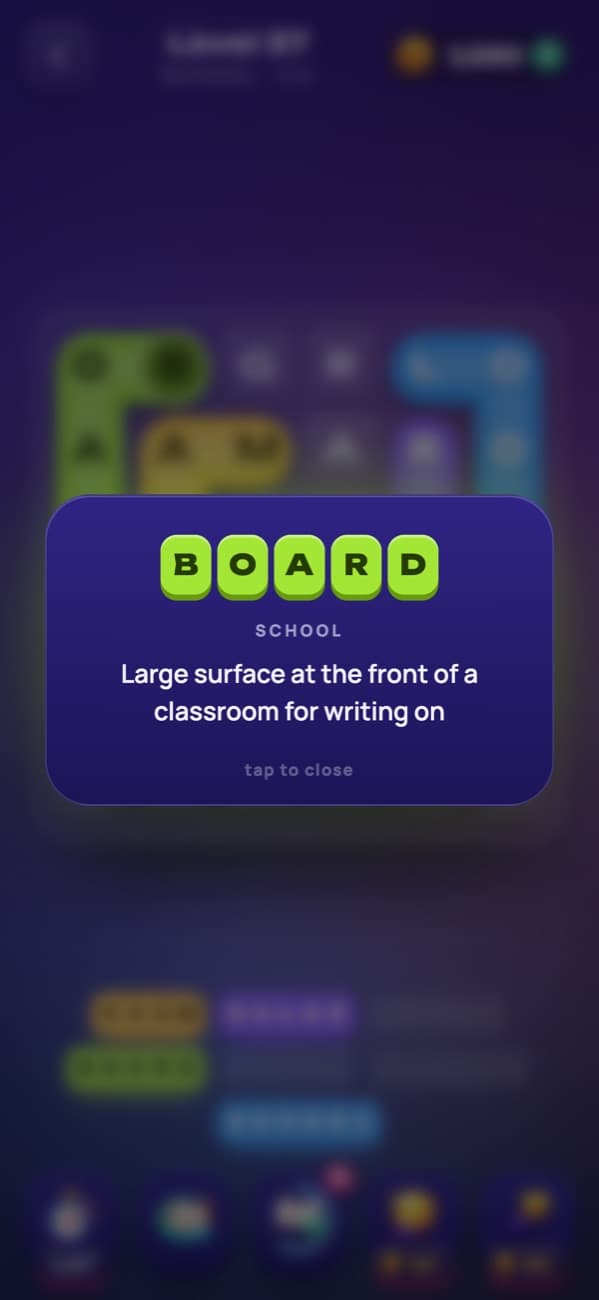Filwords: a card with the definition of a found word