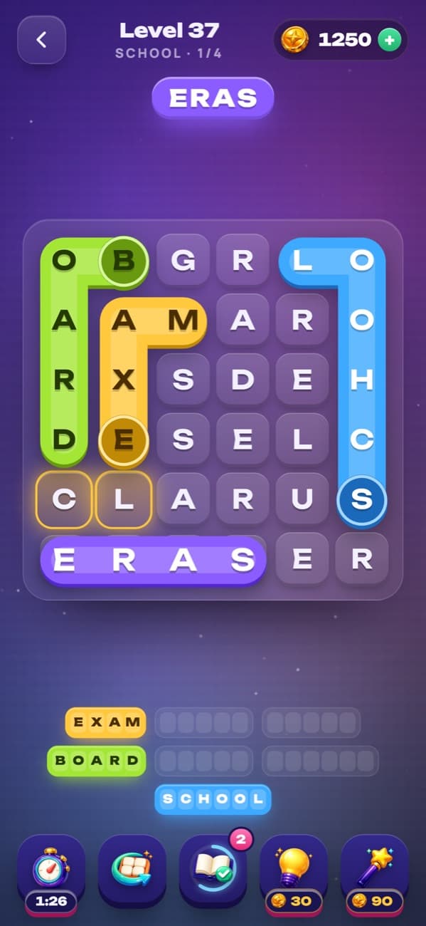 Filwords: the game board with letters and found words