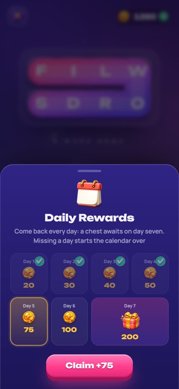 Filwords: daily rewards and the chest on day seven